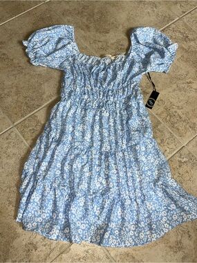 liberty Blue and White Floral Smocked Puff-Sleeve Mini Dress